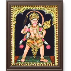 Anjaneya Swamy standing with gada and folded hands, Hindu deity representing strength, courage and devotion.