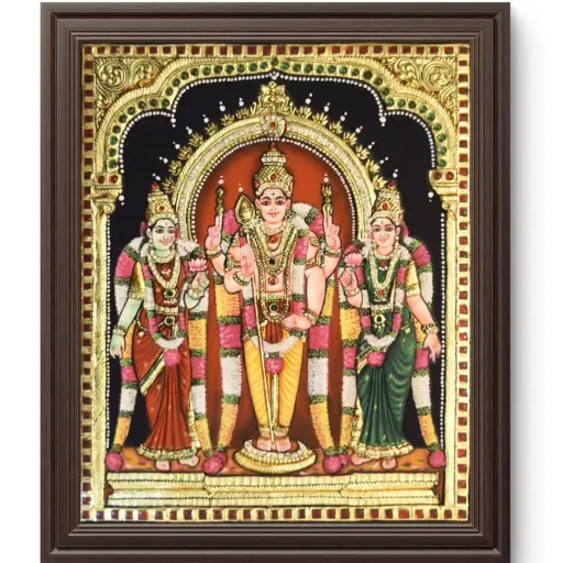 murugavalli tanjore painting Lord Murugan with consort Valli standing together in temple artwork, Hindu gods of love and devotion