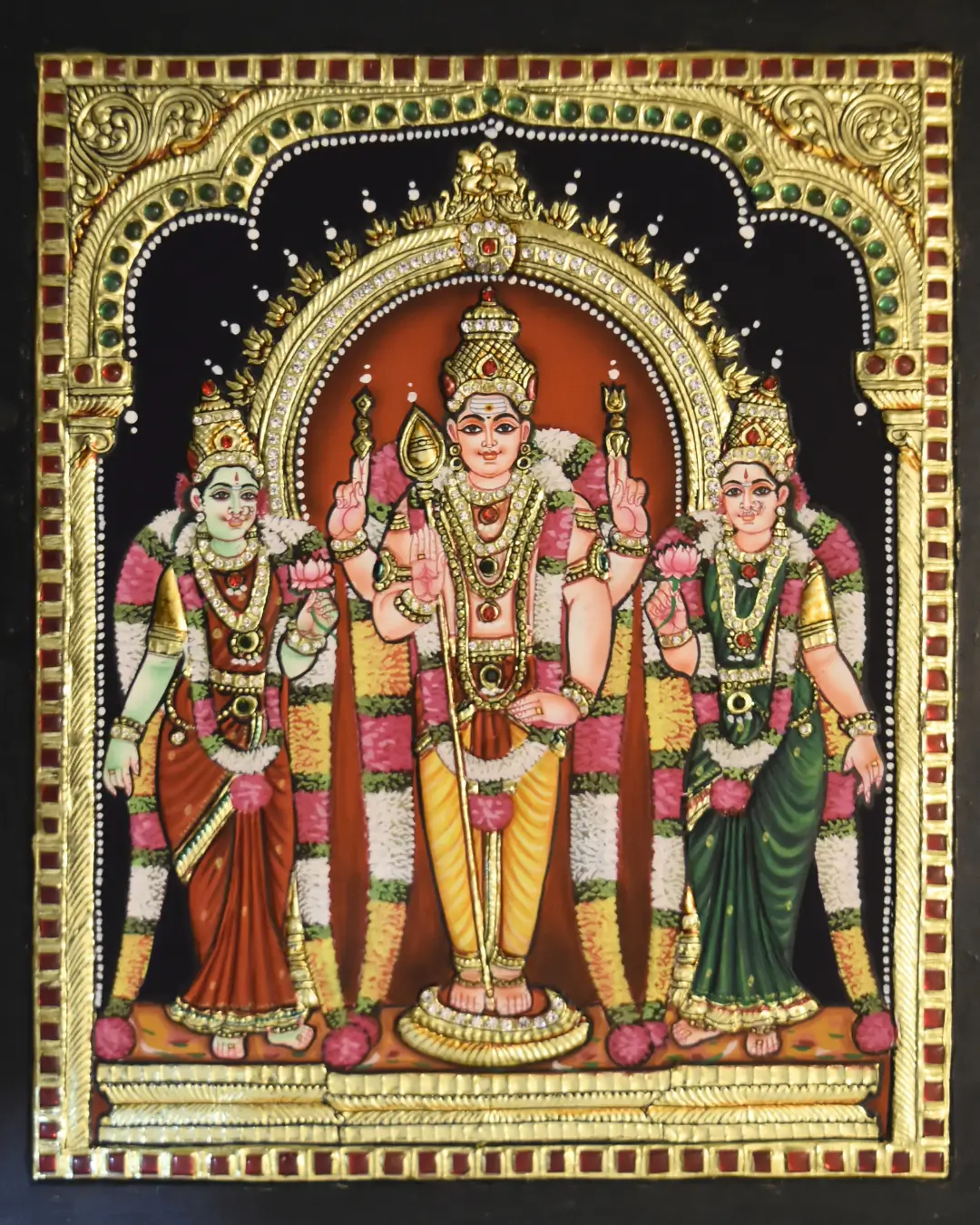 murugavalli tanjore painting Subramanya Swamy with Valli in devotional scene, Hindu mythology of Murugan and his earthly consort.