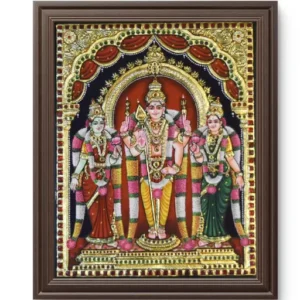 ord Murugan with consorts Valli and Devasena seated in divine family pose