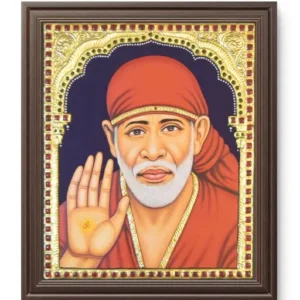 Shirdi Sai Baba seated in robe with peaceful expression and devotees