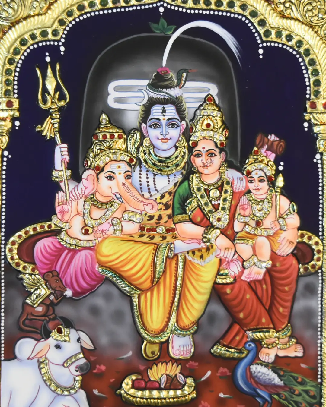 shiva Parivar tanjore painting Shiva family statue with Shiva, Parvati, Ganesha and Kartikeya in temple setting, representing unity, prosperity and protection