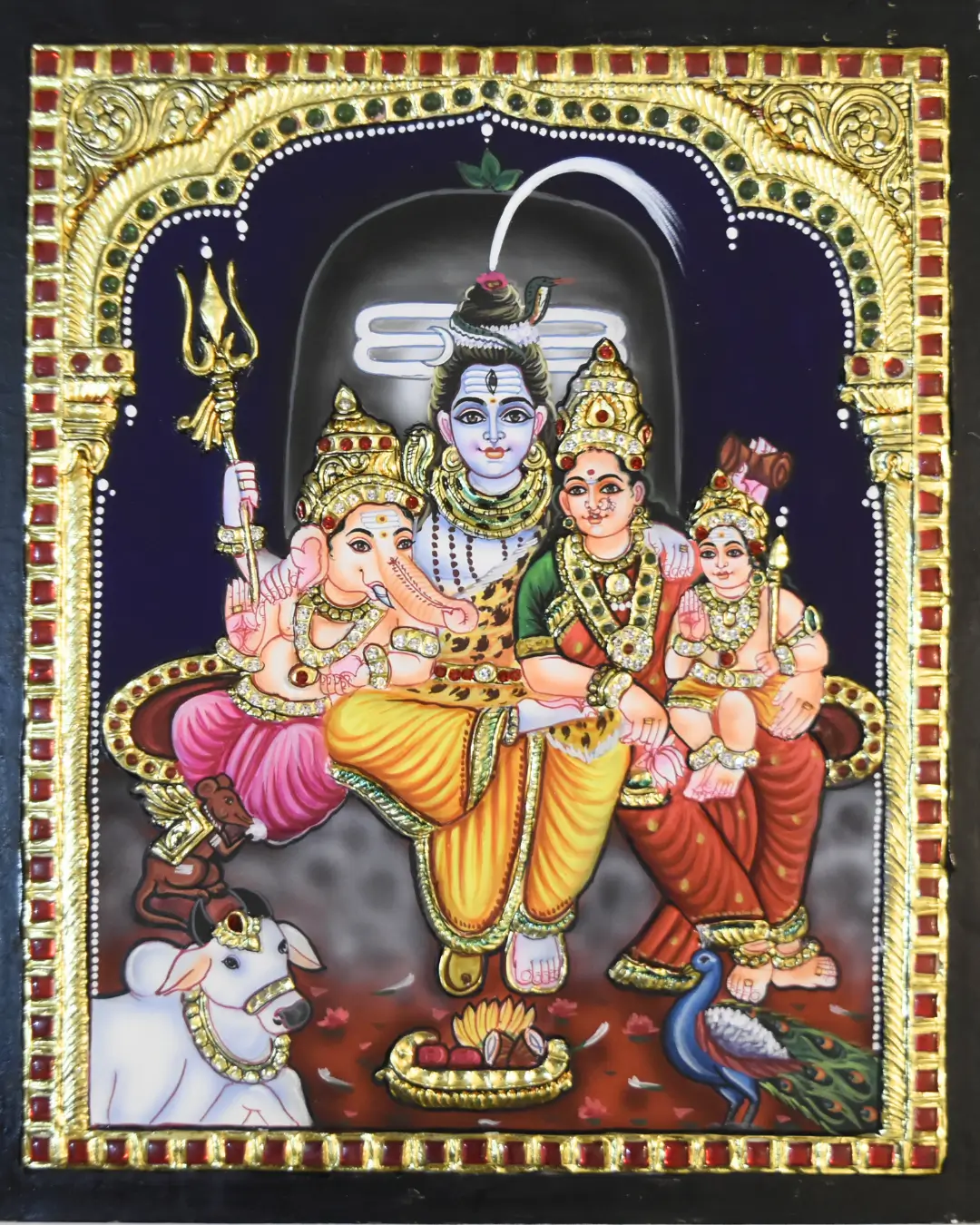 shiva Parivar tanjore painting Shiv Parivar devotional artwork showing Shiva with trident, Parvati with grace, Ganesha elephant-headed and Kartikeya with spear.