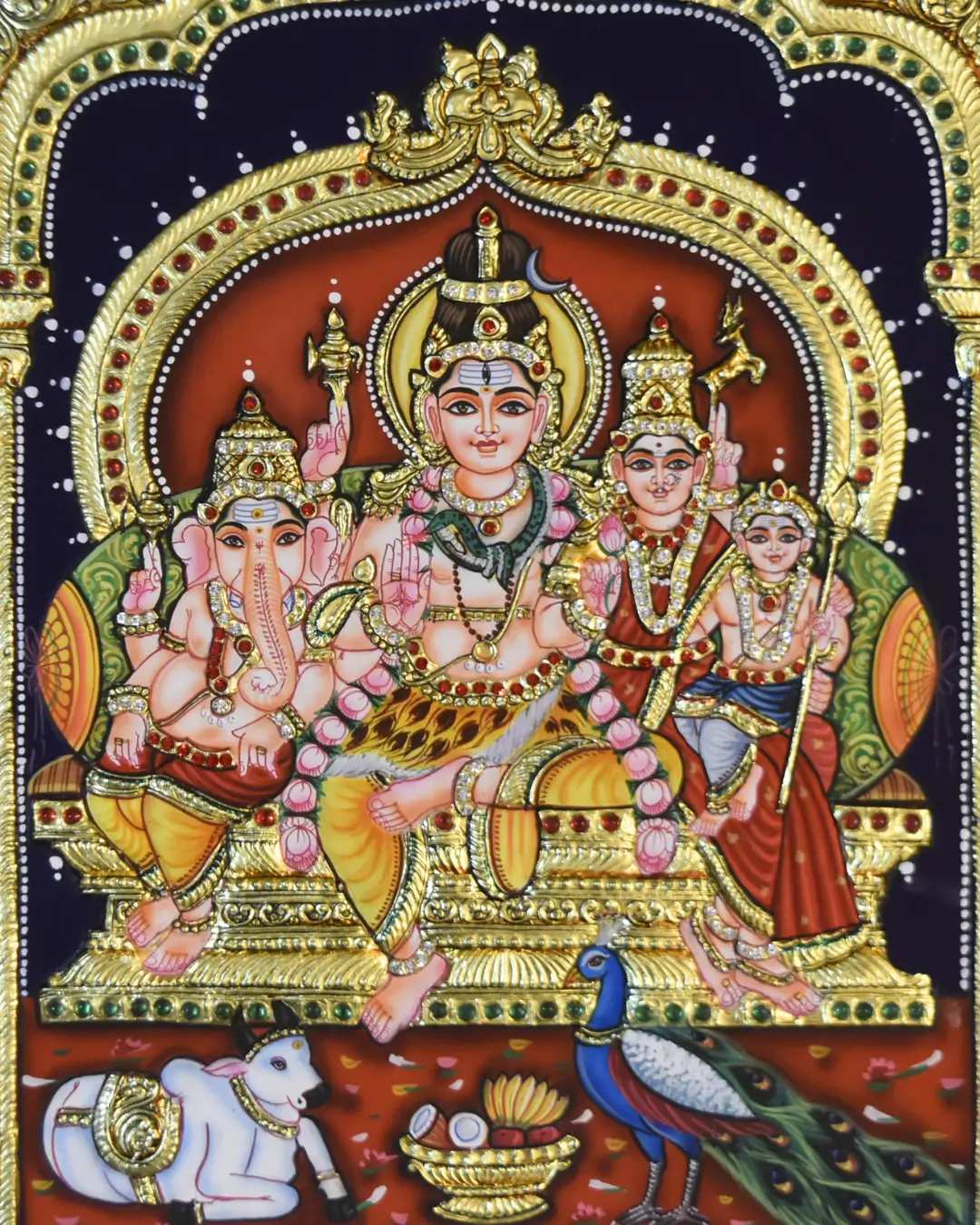 shiva family painting Shiv Parivar image featuring Shiva with trident and crescent moon, Parvati with lotus, Ganesha with elephant head and Kartikeya with spear and peacock
