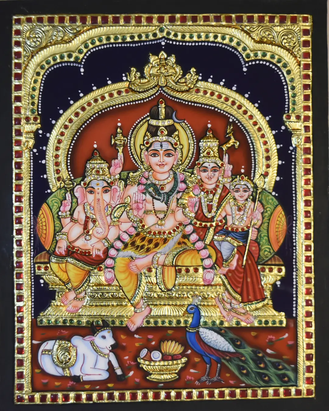 shiva family painting Lord Shiva and Parvati with sons Ganesha and Kartikeya under celestial tree, symbolizing divine family harmony and spiritual unity