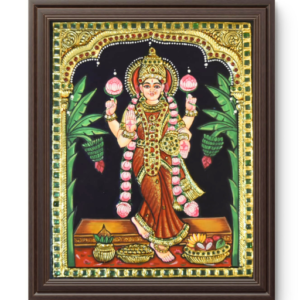 Lakshmi Devi seated on lotus with gold coins and lotus flowers, Hindu goddess of wealth and prosperity.