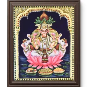 Dhana Lakshmi holding pots of gold coins and wealth symbols