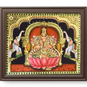 Gajalakshmi seated on lotus with two elephants pouring water, Hindu goddess of wealth and prosperity.”