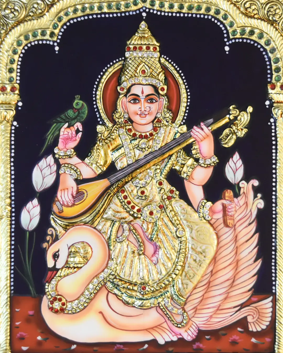 sharada devi tanjore painting (copy) Goddess Sharada Devi with veena and sacred scriptures, revered as embodiment of purity and intellectual insight
