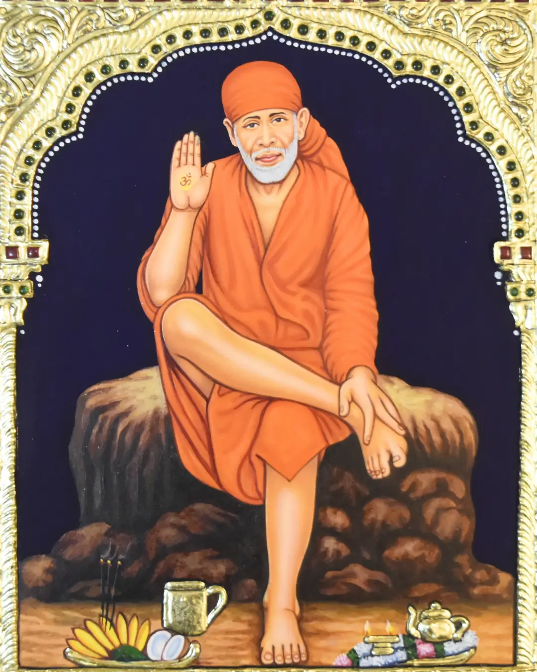 sai baba tanjore painting Sai Baba of Shirdi in simple kafni and headscarf, symbol of faith, compassion and devotion