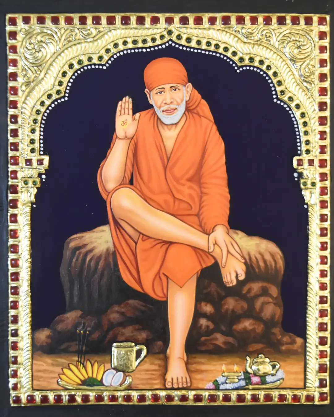 sai baba tanjore painting Sai Baba image with raised hand blessing devotees, revered saint whose teachings stress faith and patience