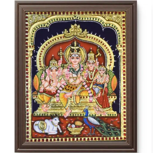 shiva Family painting Shiva family portrait with Lord Shiva, Goddess Parvati, Lord Ganesha and Lord Kartikeya in traditional Hindu devotional art.