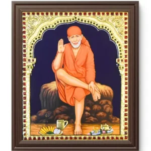 Shirdi Sai Baba seated in white robe with serene expression, revered spiritual saint and guru.
