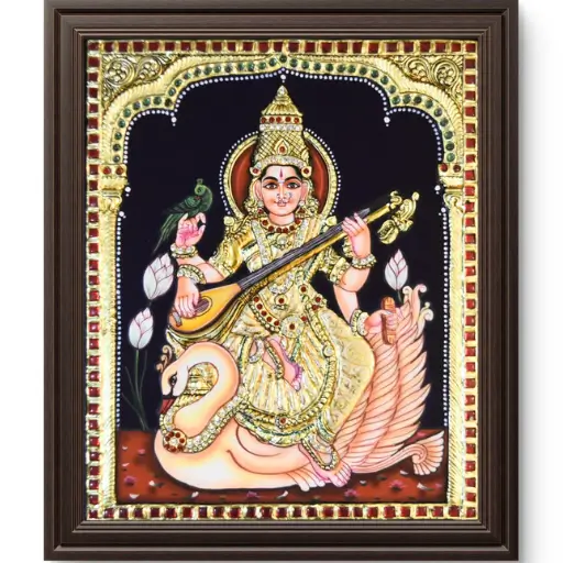 Hamsa Saraswathi tanjore painting Sharada Devi seated on lotus with veena, book, and rosary, Hindu goddess of knowledge and wisdom