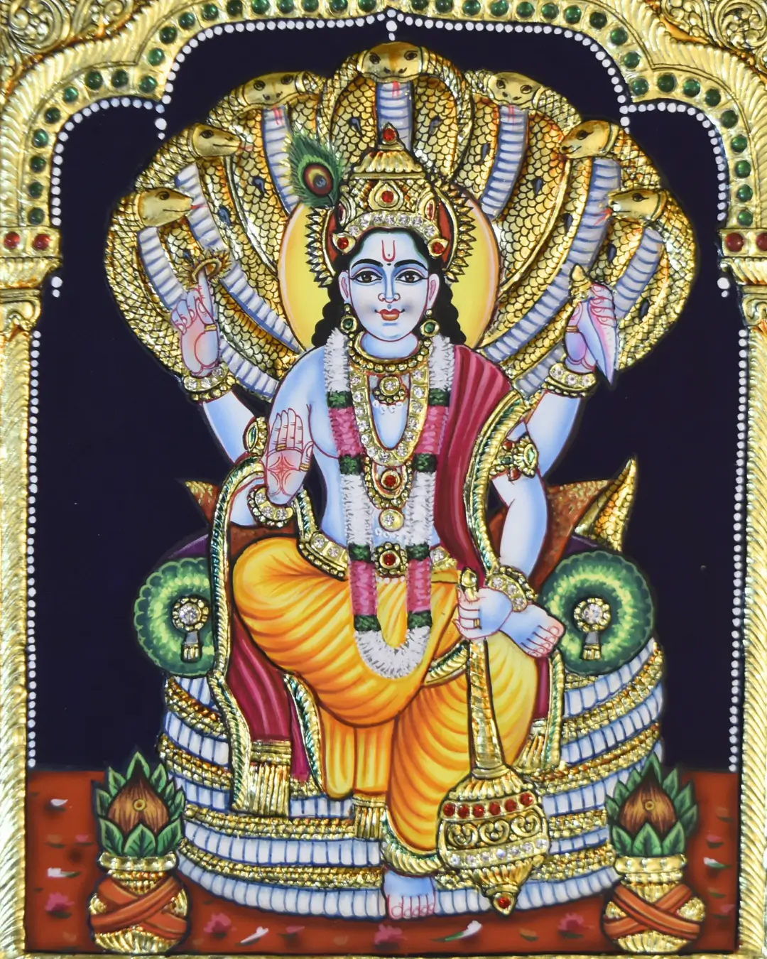 Vishnu deva tanjore painting Sri Vishnu image holding shankha and chakra, revered as preserver and protector of cosmic balance