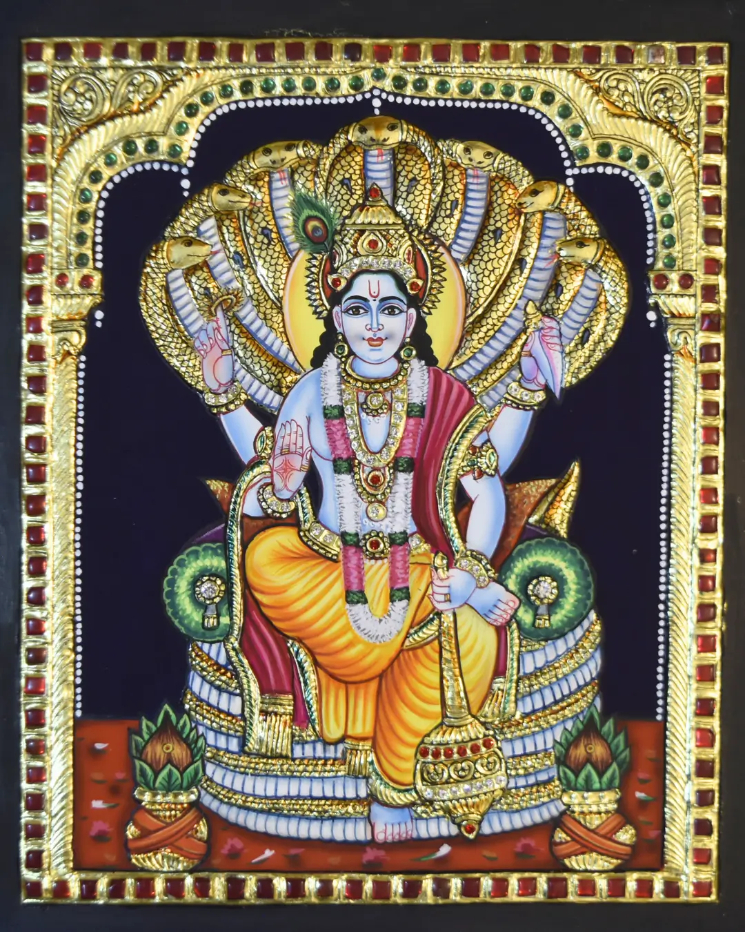 Vishnu Deva tanjore painting Vishnu deity with dark blue complexion standing on lotus with Kaustubha jewel and Garuda mount