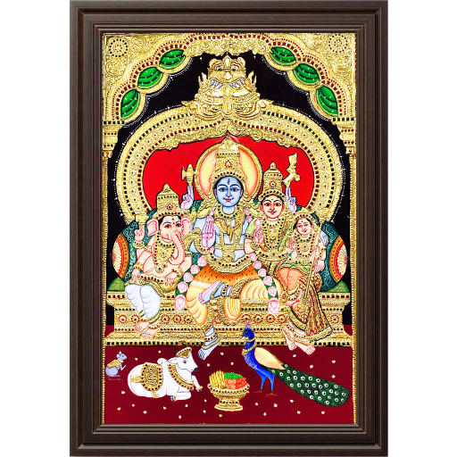 Shiva with parvathi , ganehsa, and shanmuga Tanjore painting